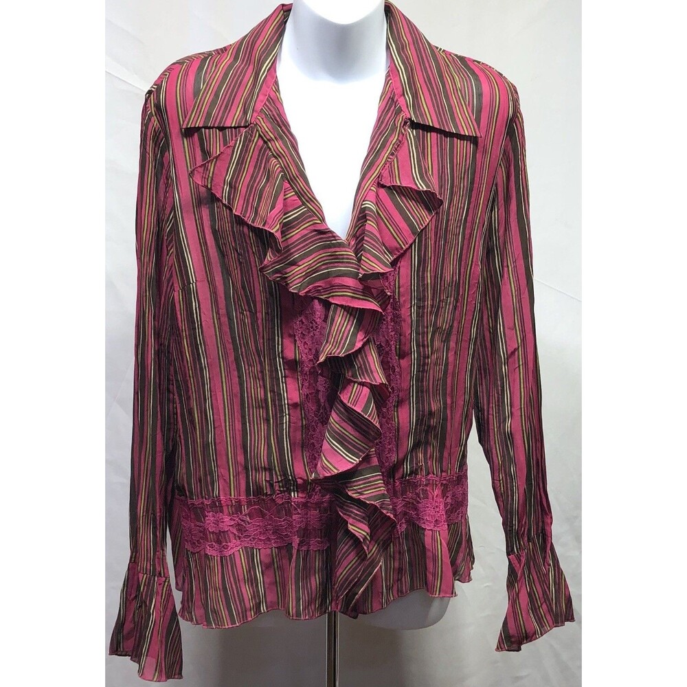 Vintage Notations Top M Red Brown stripe Ruffles Lace FlareSleeve Fairy Romantic